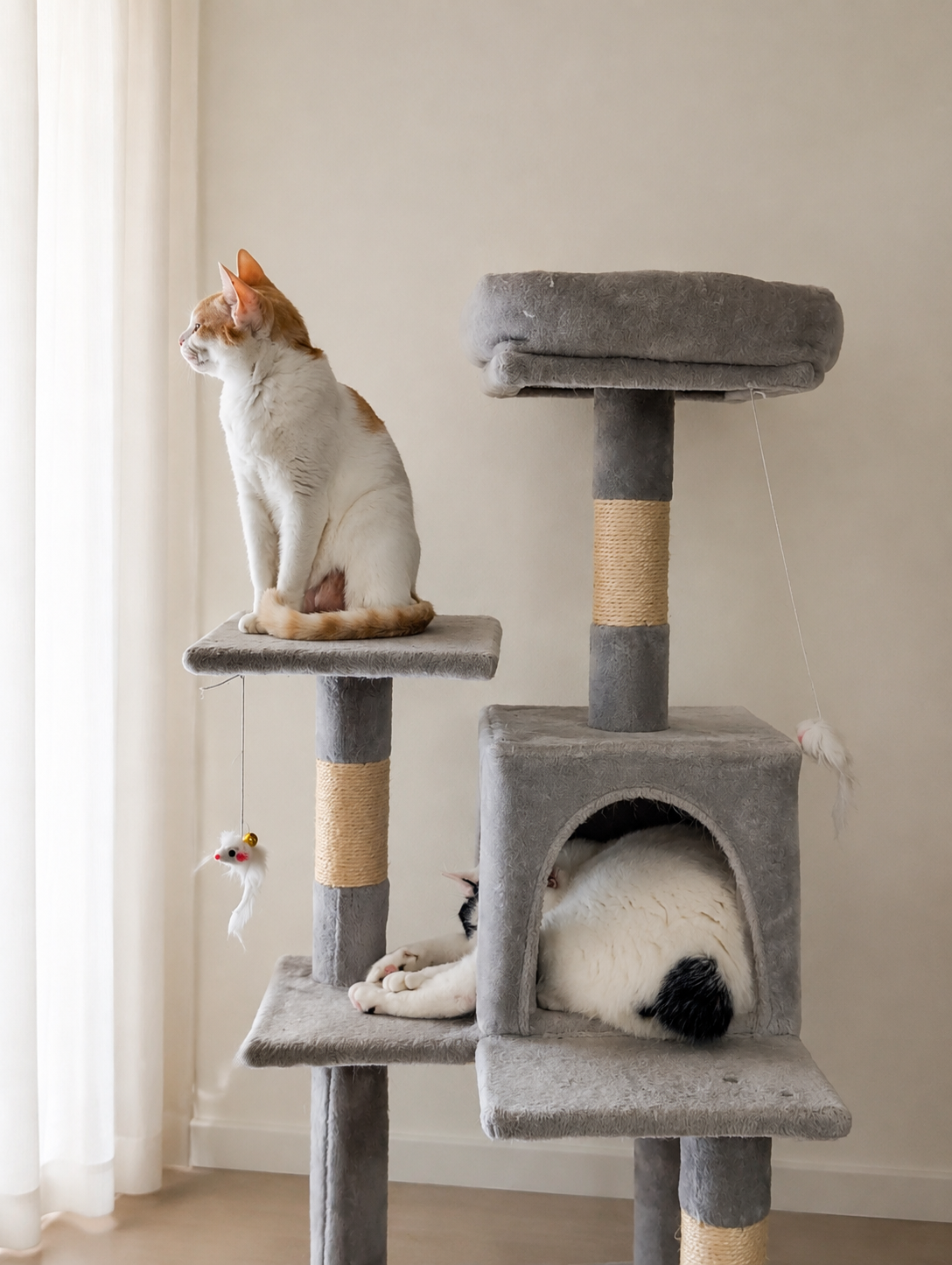 キャットタワーの上段に座るチャコと、下のボックスで寝るサスケ