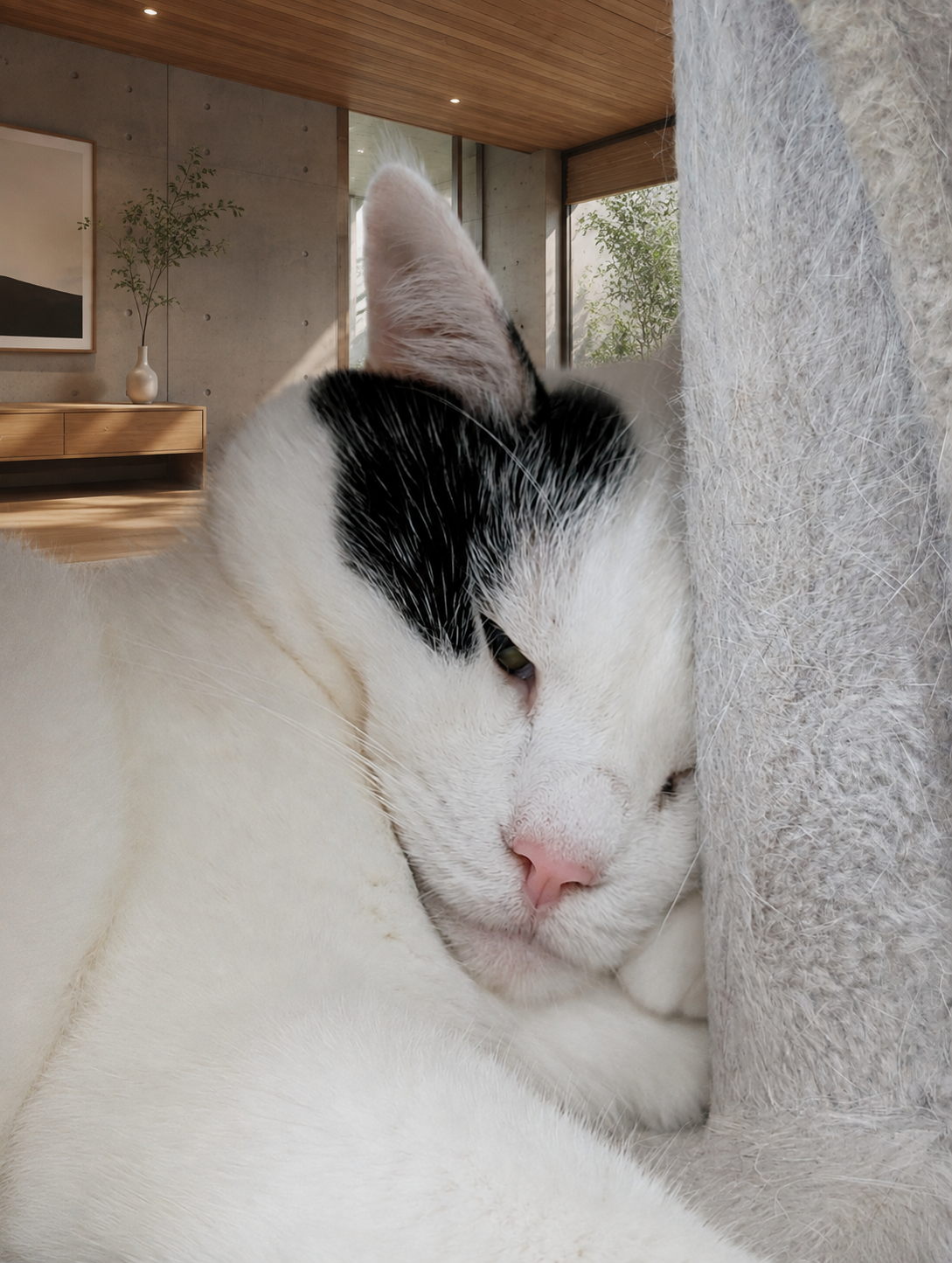 キャットタワーの支柱に頭を預けて半目になっているサスケ