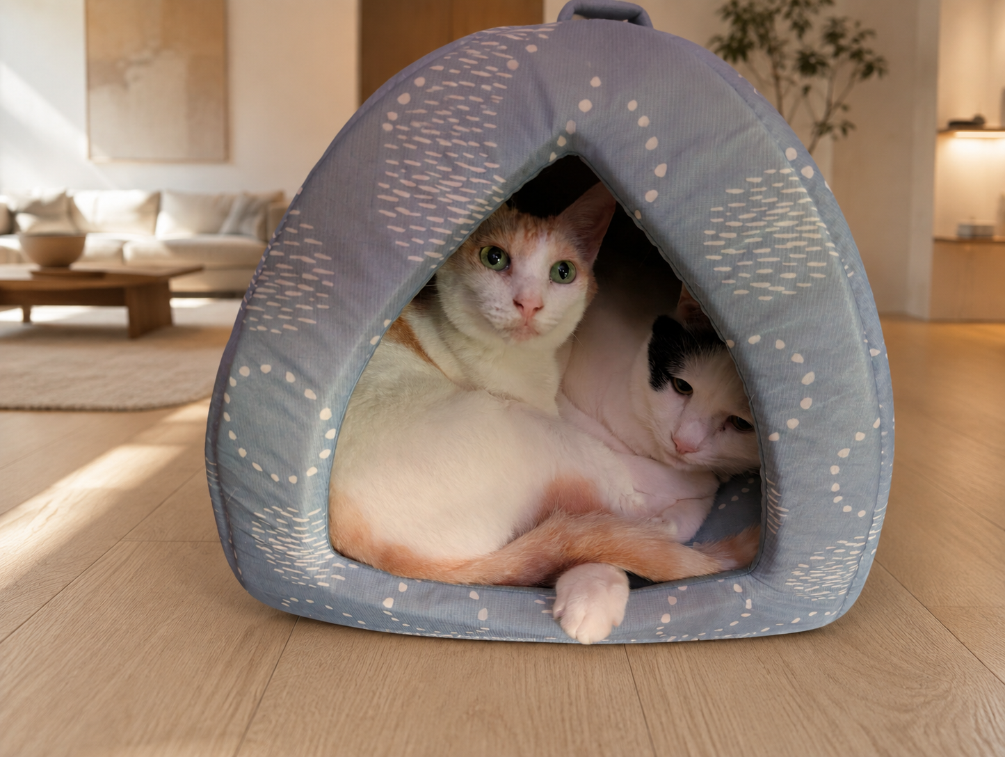 猫テントの中で並んで休むチャコとサスケ