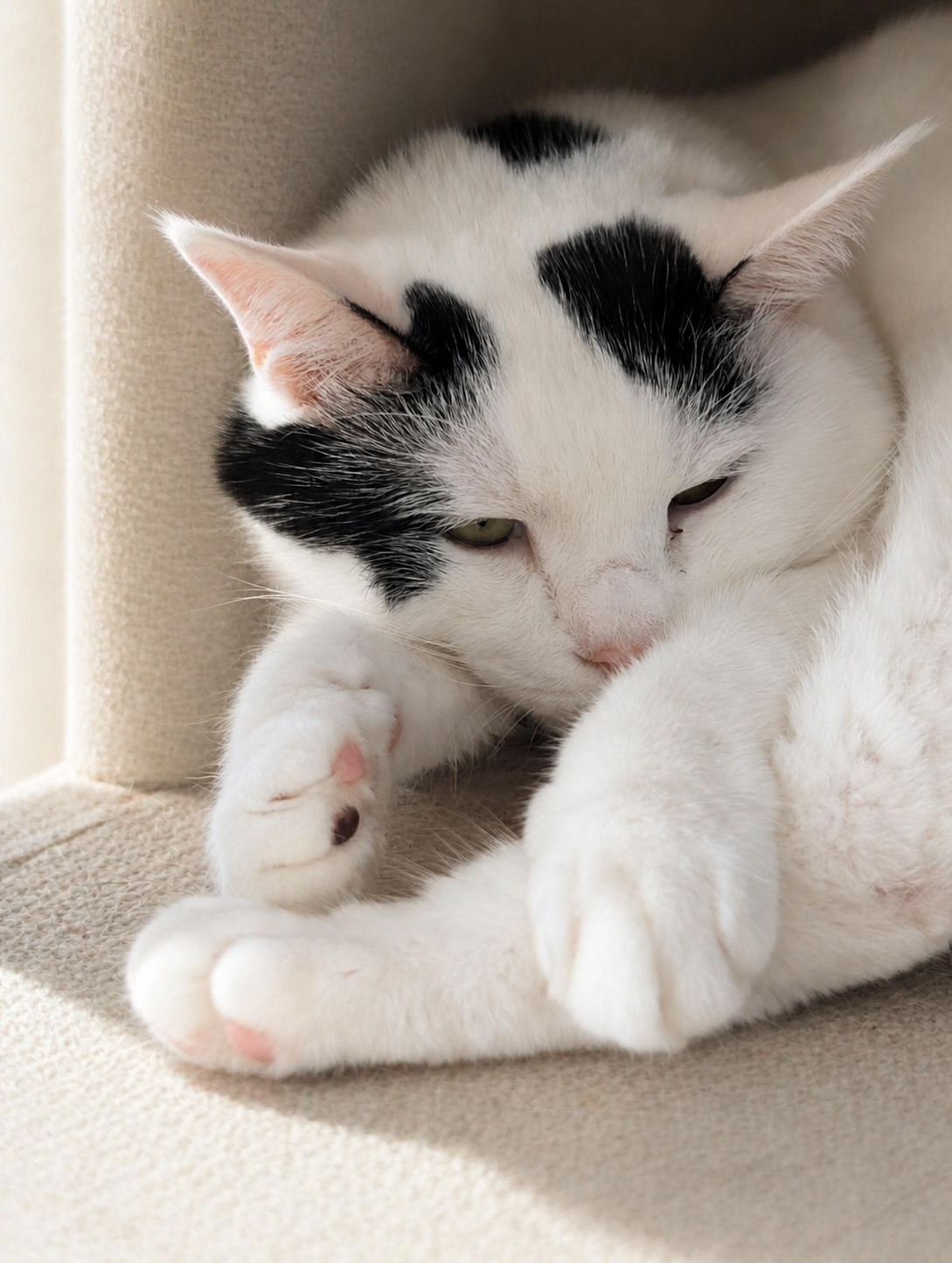 キャットタワーで前足を投げ出し、顔を伏せぎみにして寝ている白地に頭が黒いサスケ