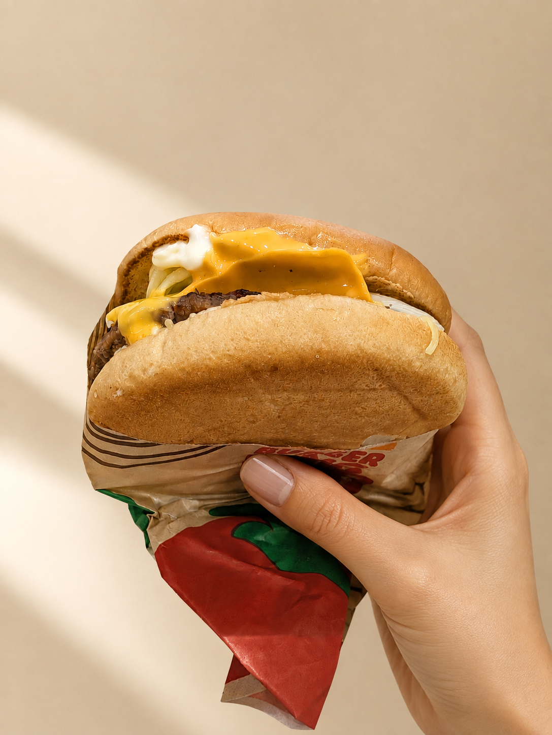 チーズがはみ出したクアトロチーズワッパーを手に持ったところ