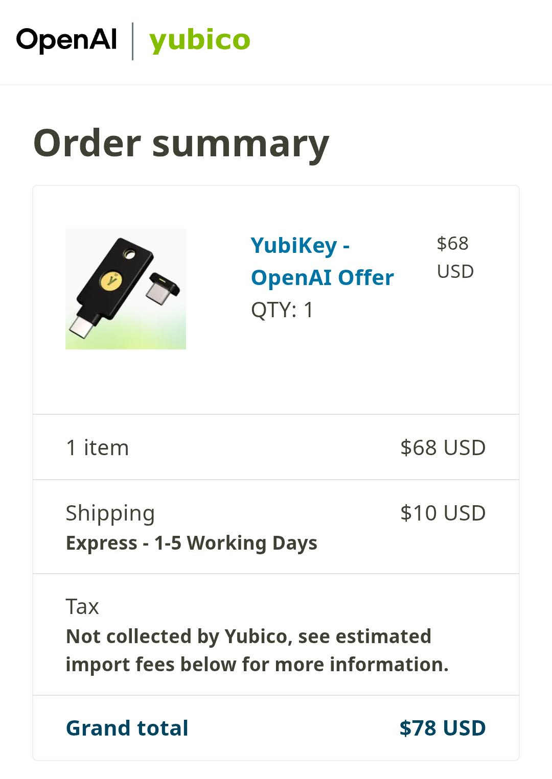 Yubicoの注文確認画面。YubiKey - OpenAI Offerが68ドル、送料10ドル、合計78ドル