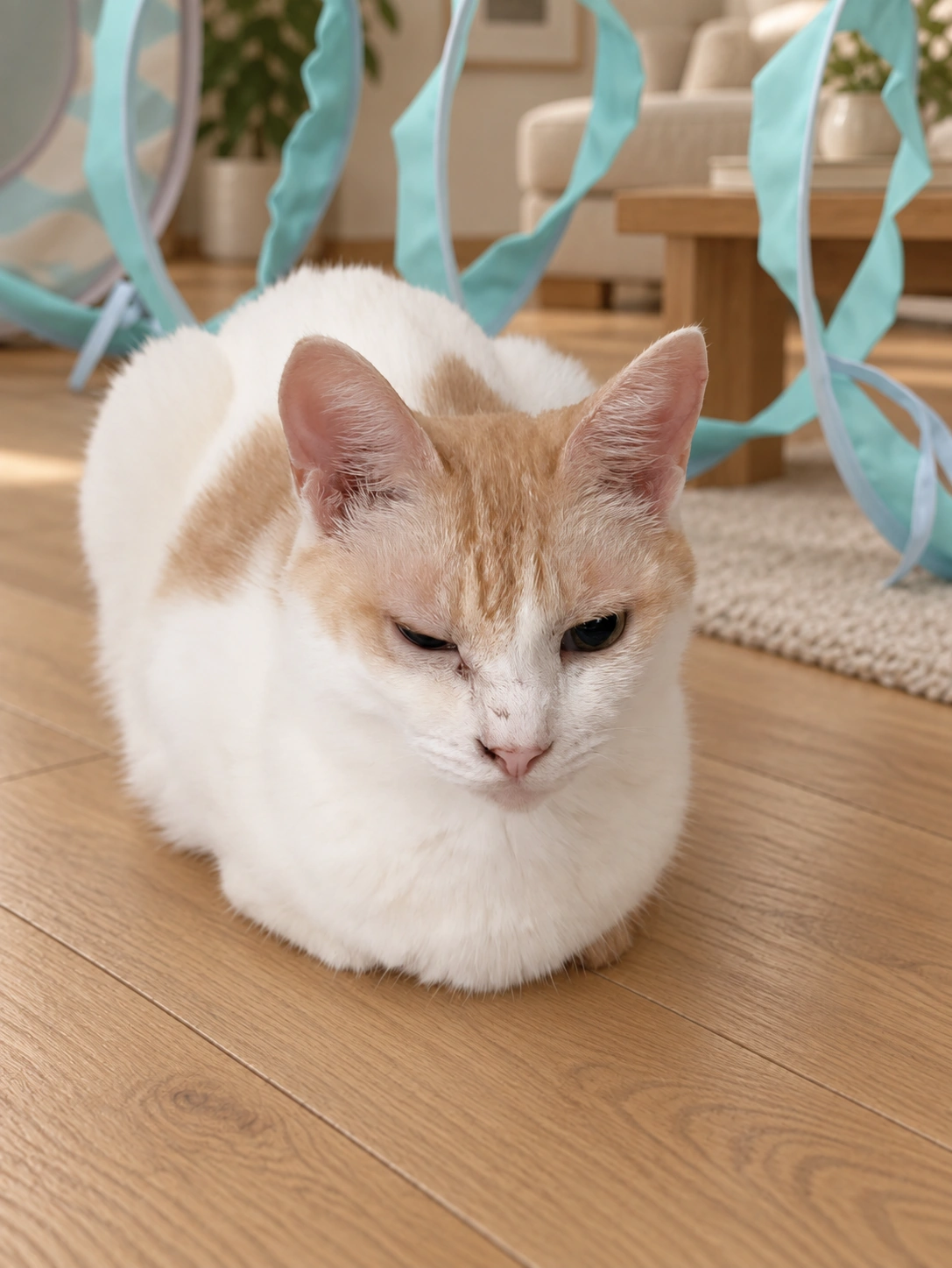 リビングで前足をしまい、小さくまとまって香箱を組むチャコ