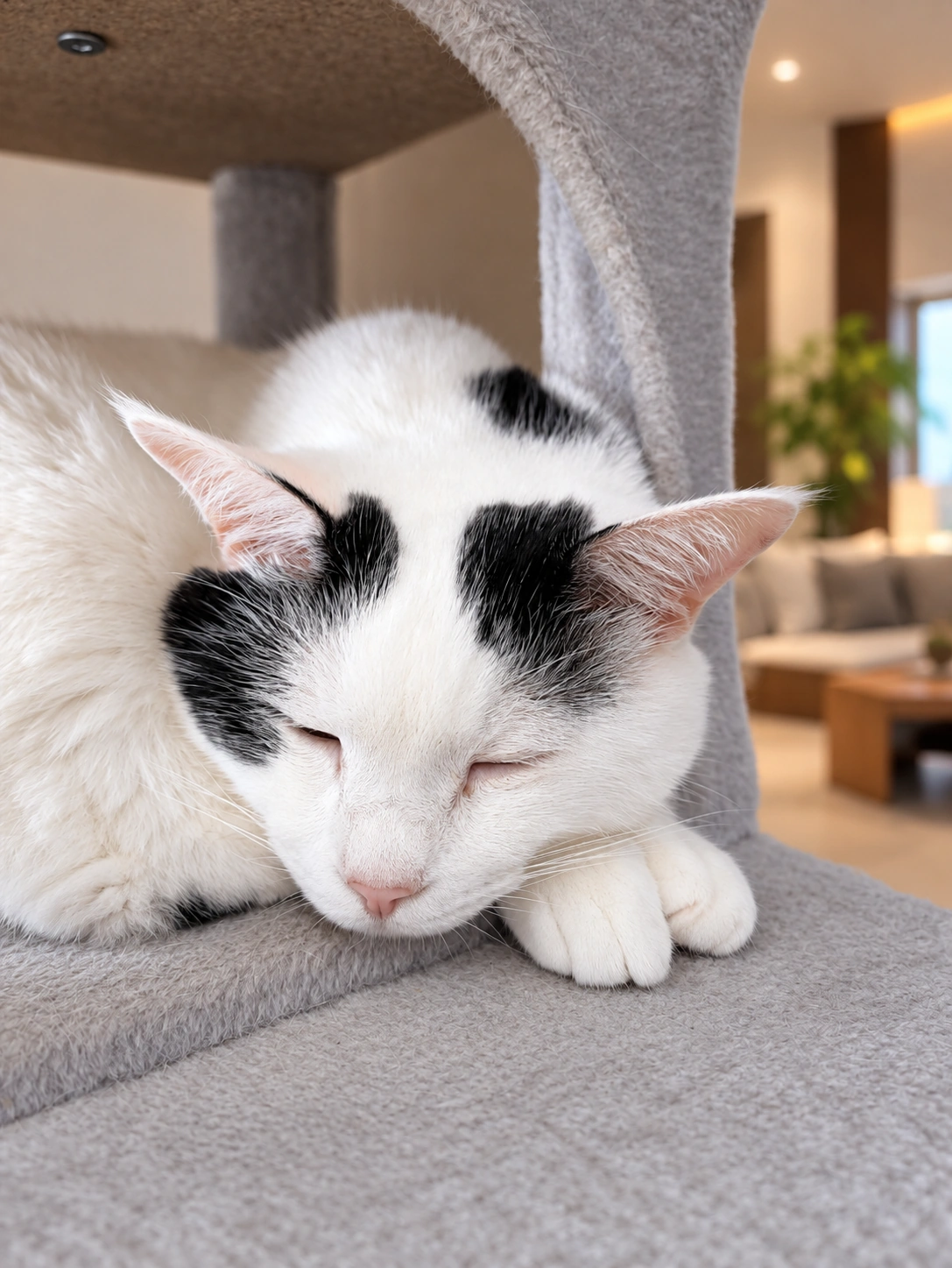 キャットタワーの穴に収まり、前足をそろえて目を閉じるサスケ