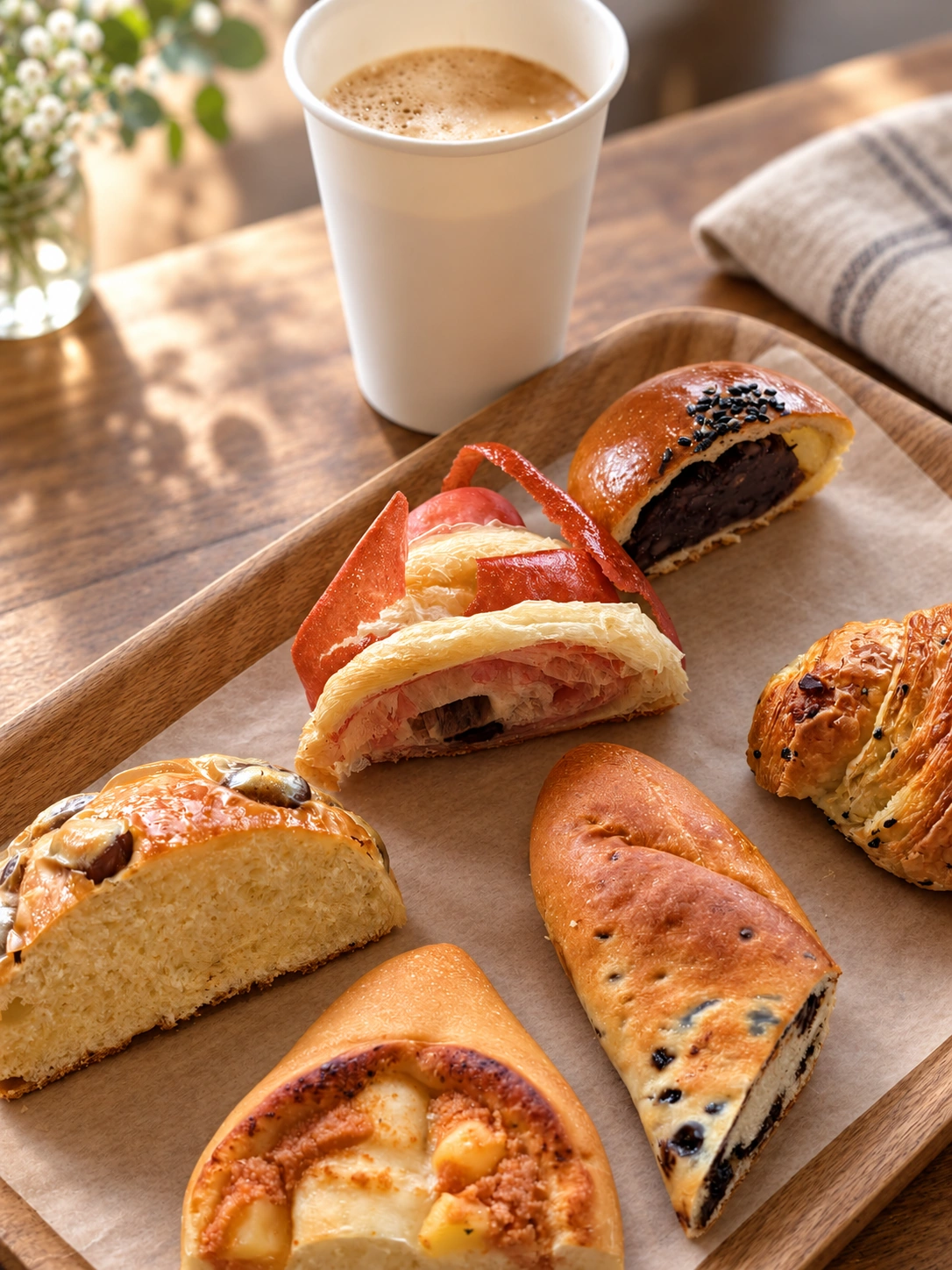 木のトレイに並んだカット済みのパン6種類と、紙カップのコーヒー