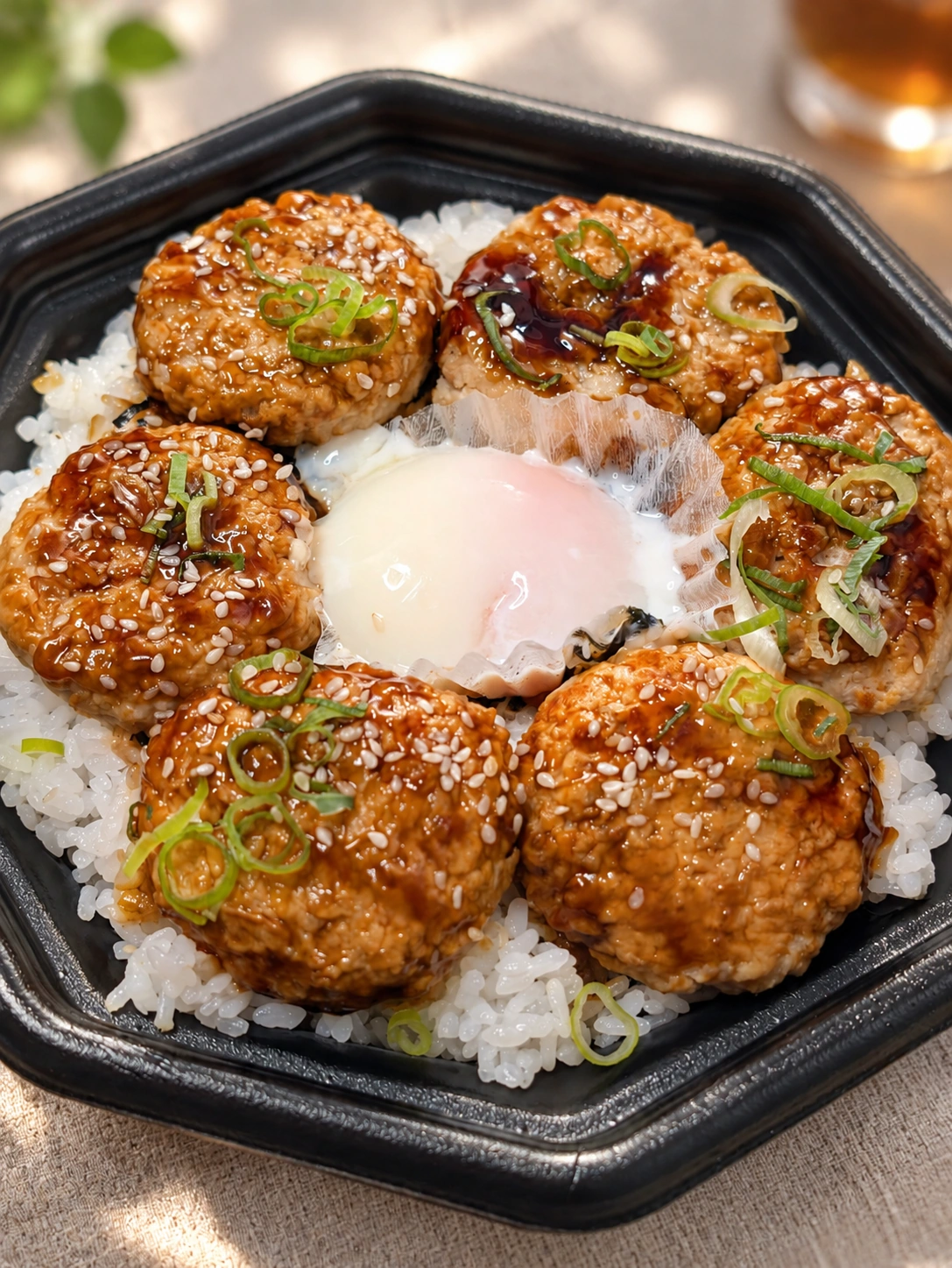 ご飯の上につくね6個が輪になって並び、真ん中に温泉卵がのったつくね丼