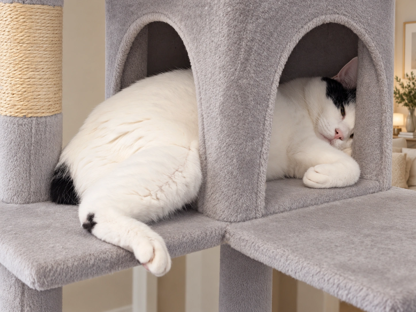 グレーのキャットタワーの小部屋からお尻と後ろ足がはみ出したまま横になる白黒のサスケ