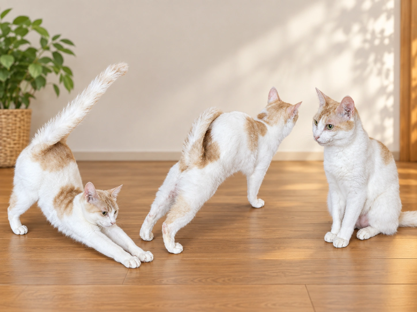 前脚を伸ばす姿、体を伸ばす姿、座る姿を1枚にまとめたチャコの再生成画像