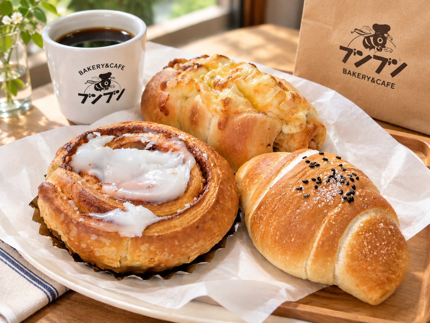 ブンブンのシナモンロール、あんバター塩ロール、ハーフトリプルチーズとホットコーヒー