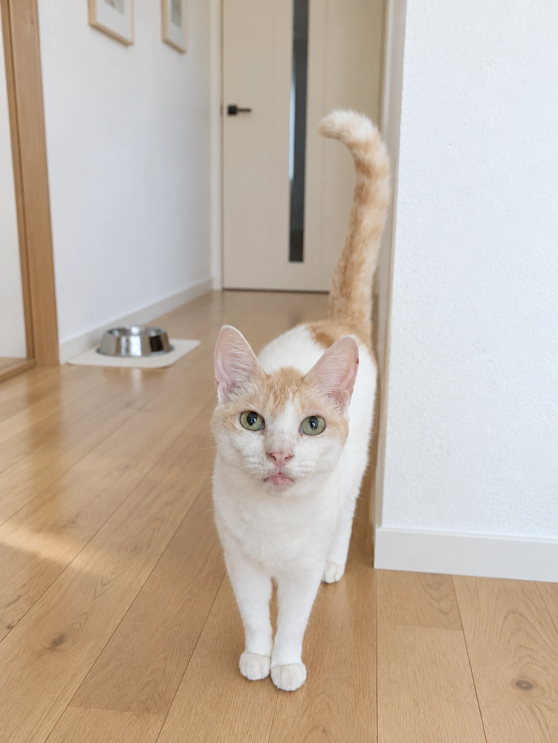 廊下でしっぽを立ててこちらを見上げるクリーム色と白のチャコ