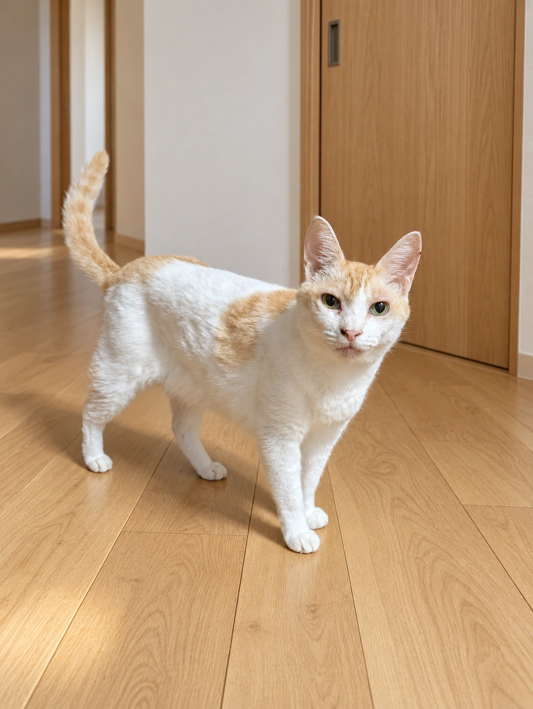 廊下に立ち、しっぽを立ててこちらを見るクリーム色と白のチャコ（背景はAIで差し替え）