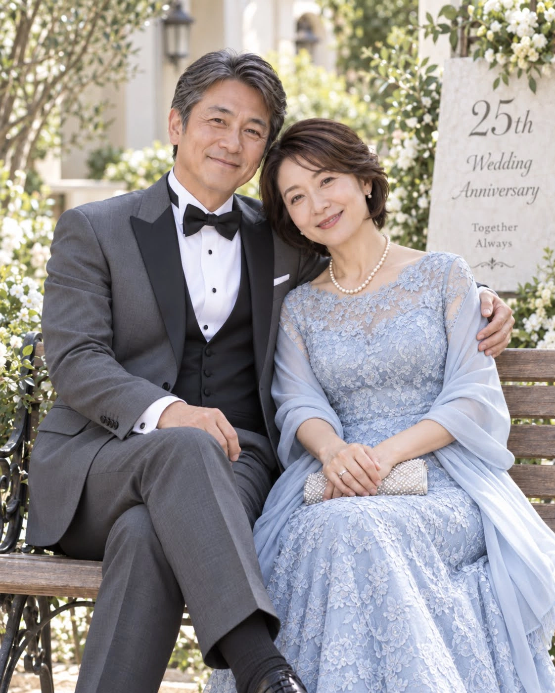 ã25th Wedding Anniversaryãã®æåãæ·»ãããããã¿ãã·ãŒããšãã¬ã¹å§¿ã®2人ã®èšå¿µç»åãç»åã¯ã€ã¡ãŒãžã§ã