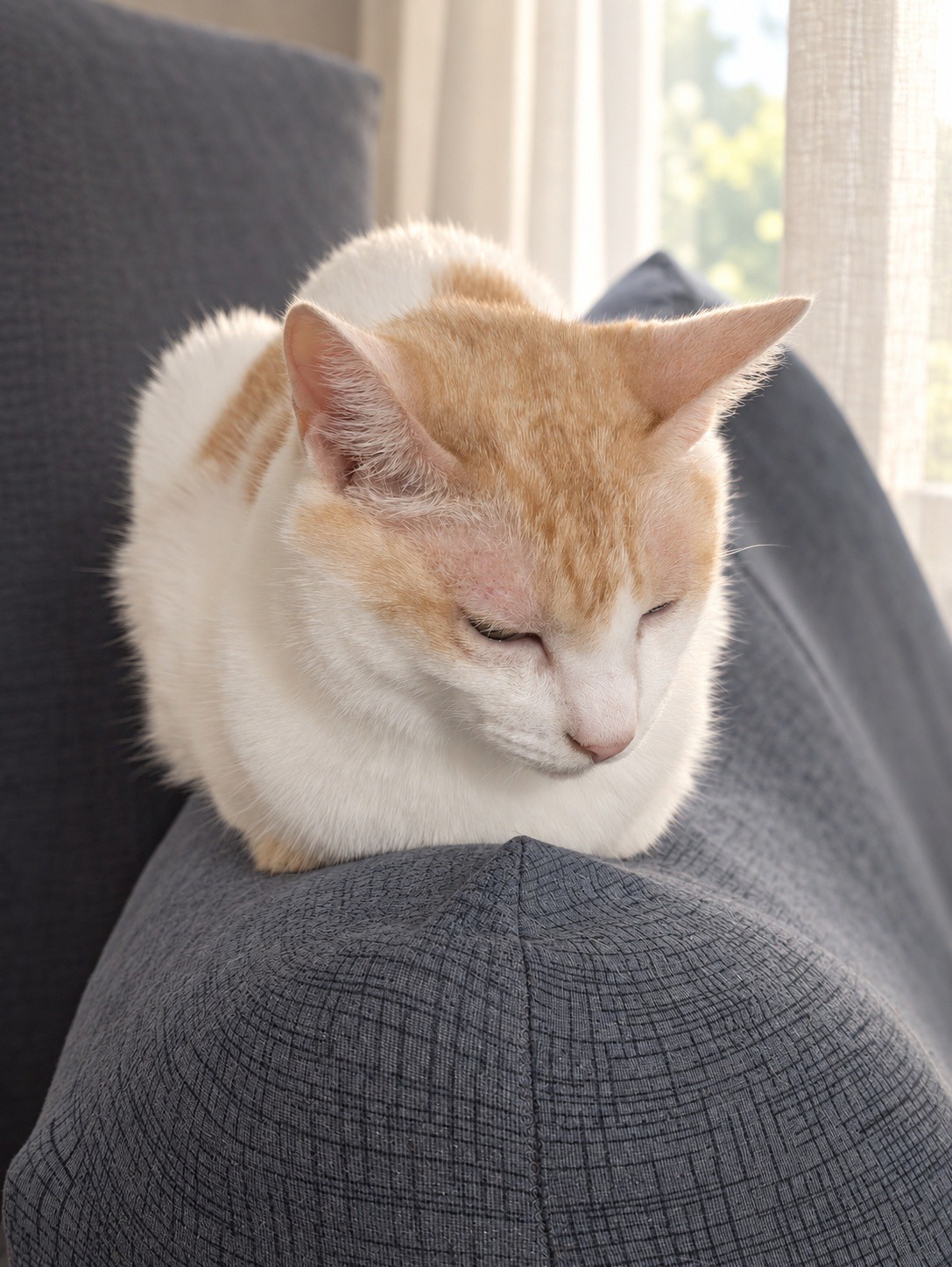 ソファのひじ掛けの上で香箱座りをする茶白のチャコ（背景と目・鼻周りはAIで加工）