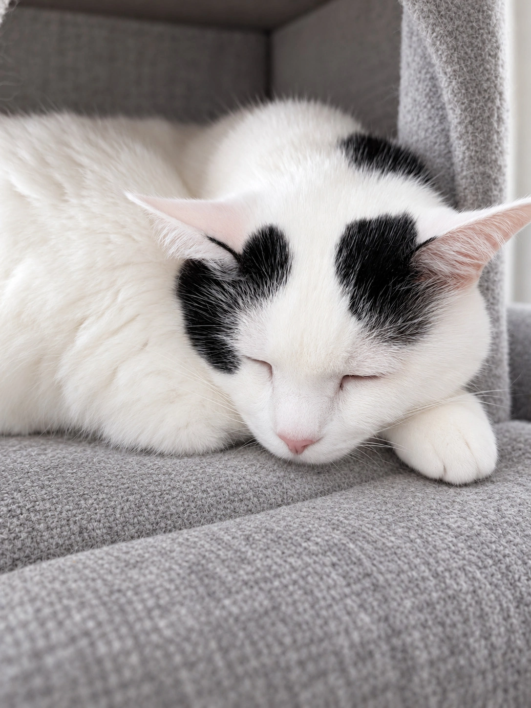 キャットタワーで目を閉じてくつろぐ白黒のサスケ(背景と目・鼻周りはAIで加工)