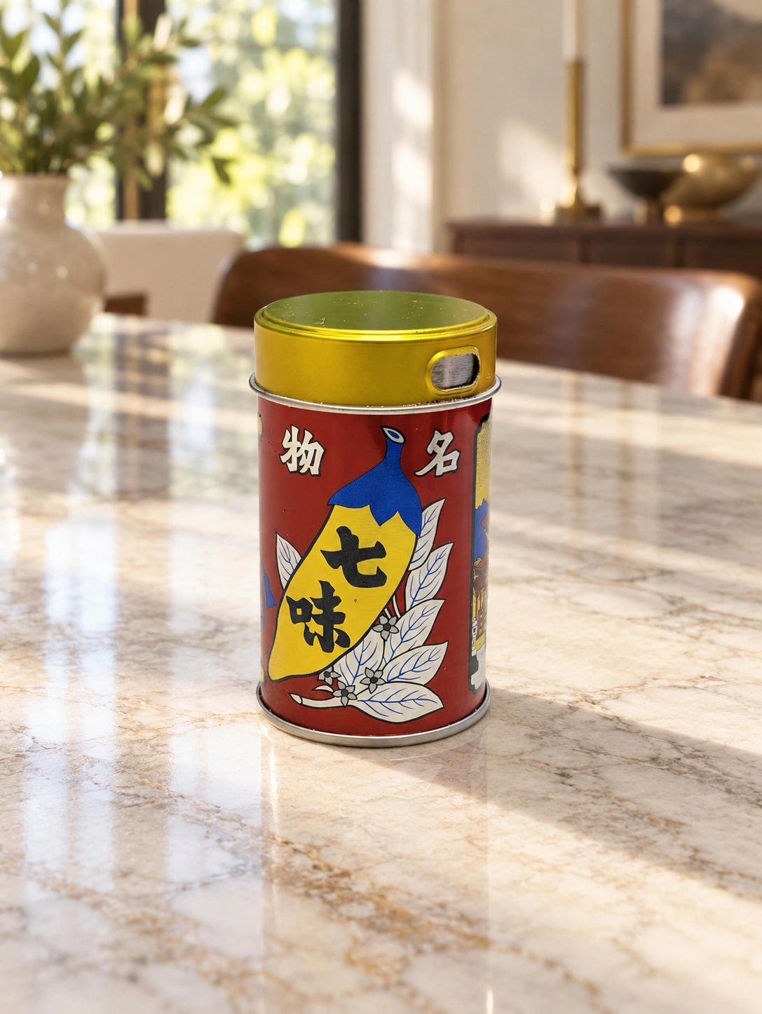 使い切った赤い七味缶(背景はAIで差し替え)