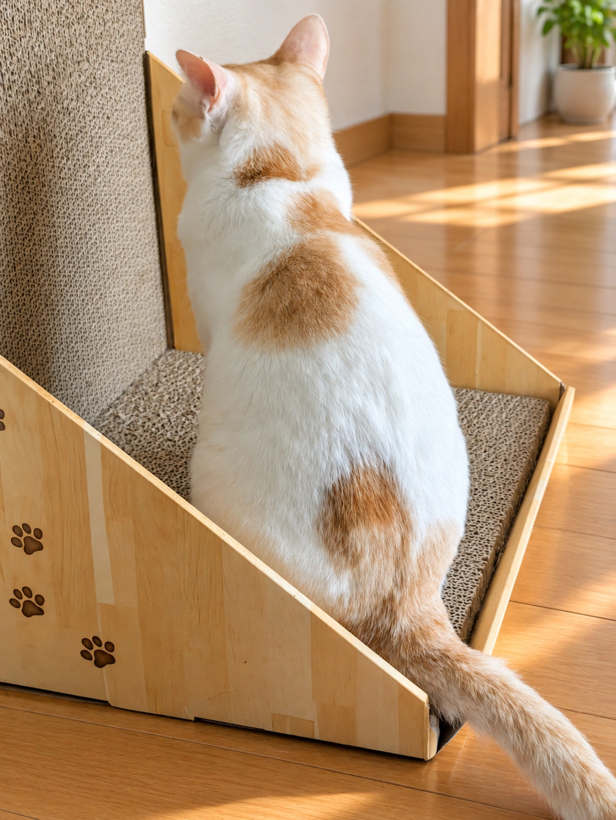 木目柄の爪とぎボックスに座る茶白のチャコの後ろ姿(背景はAIで加工)