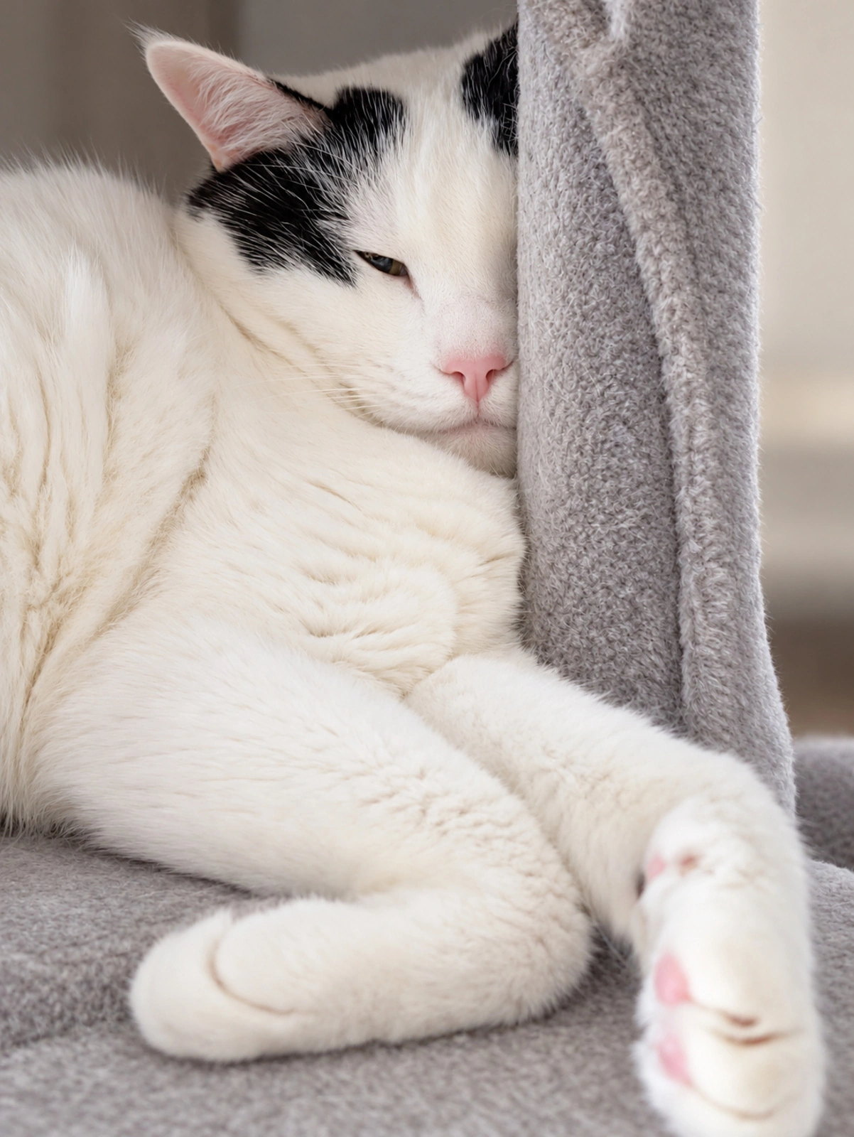 キャットタワーの柱に顔を寄せ、手足を伸ばしてくつろぐ白黒のサスケ(背景と目・鼻周りはAIで加工)