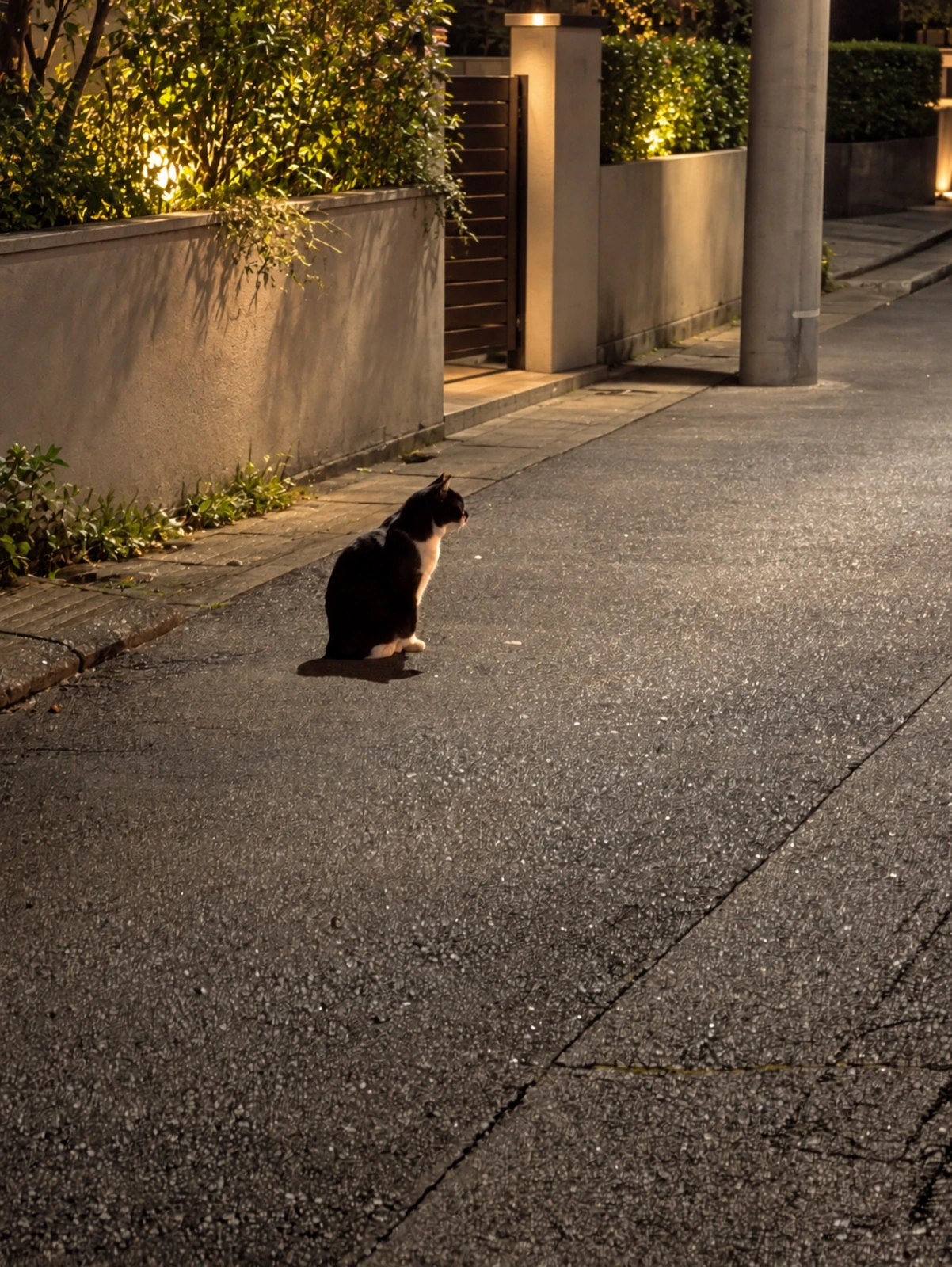 通勤の帰り道、道路に座る白黒の猫（住宅背景はAIで加工）