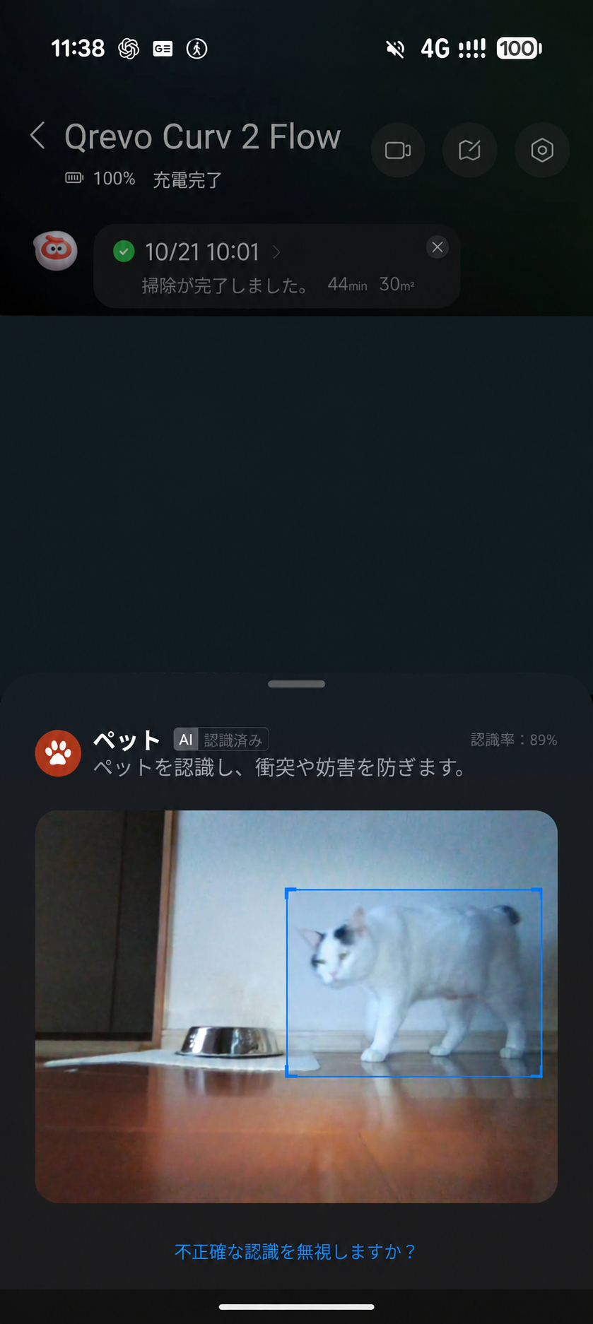 部屋マップを隠したQrevo Curv 2 Flowのペット検出画面