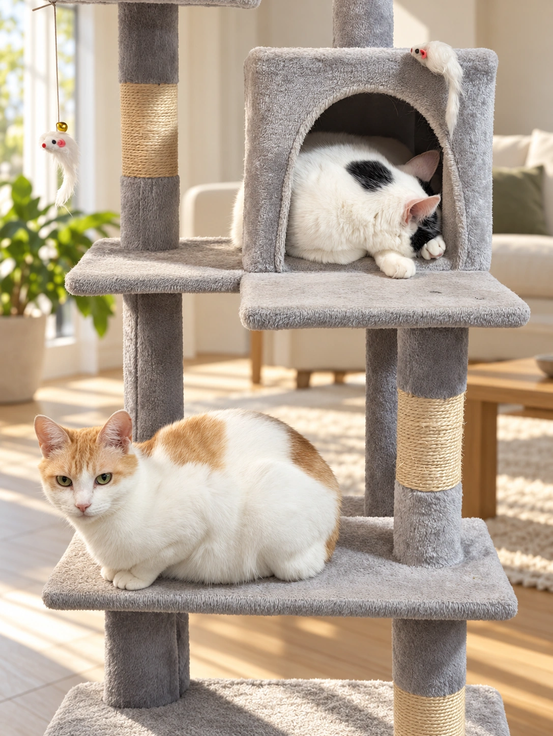 キャットタワーの上の箱で眠る白黒のサスケと、下の段でこちらを見る茶白のチャコ(背景・細部をAIで加工)