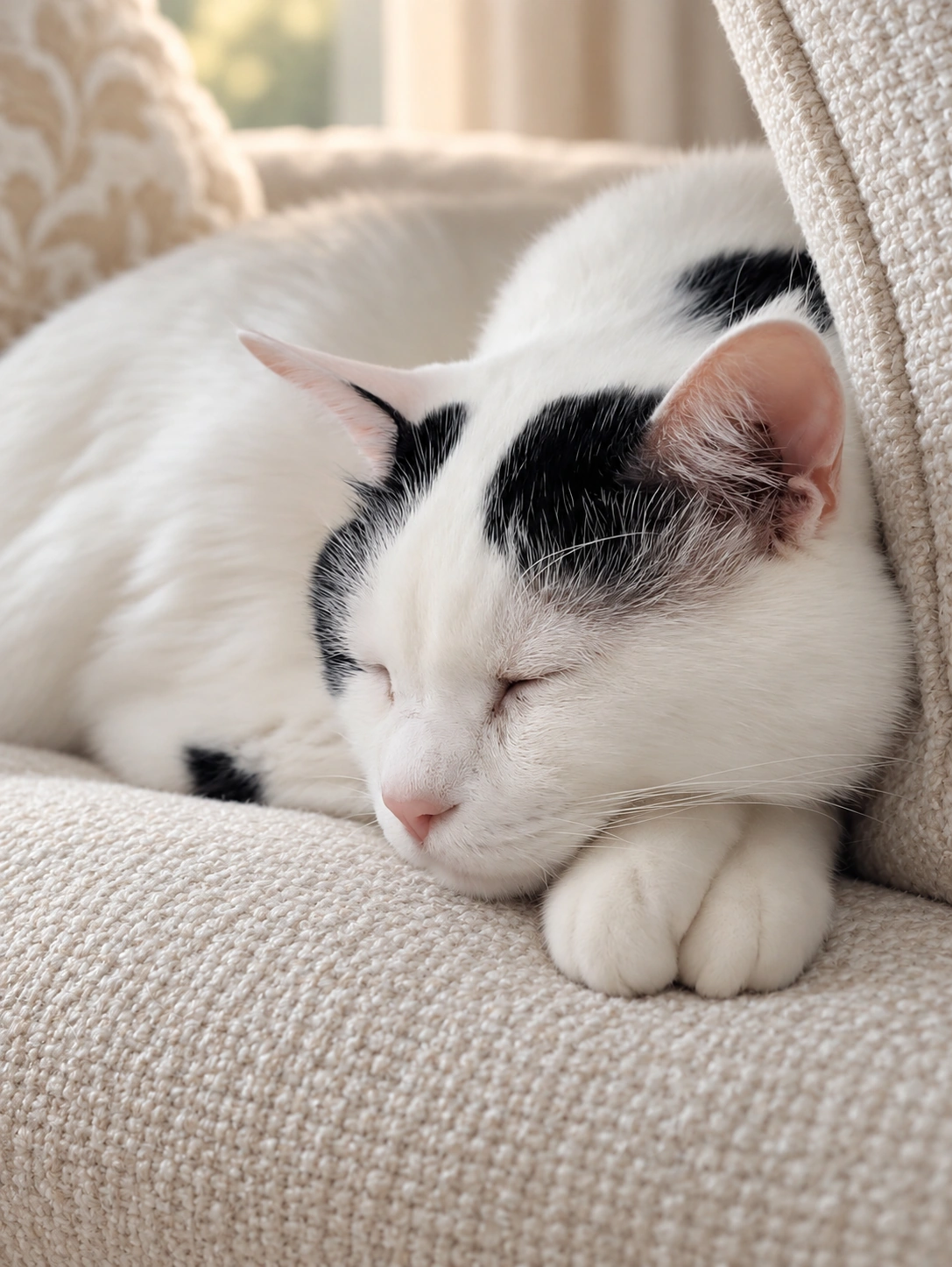 キャットタワーで前足をそろえて眠る白黒のサスケ